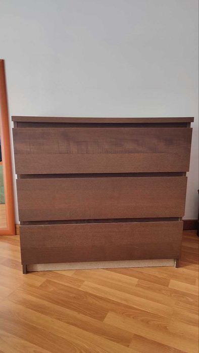 MALM / STORKLINTA - Cómoda c/3 gavetas, castanho escuro/efeito carvalho, 80x77x48 cm
