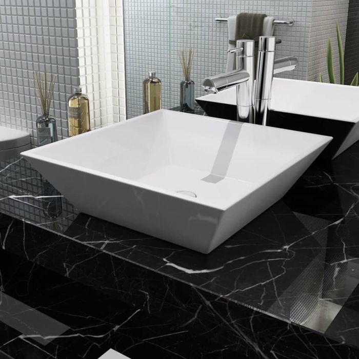 Biała kwadratowa umywalka ceramiczna VidaXL-model 142344