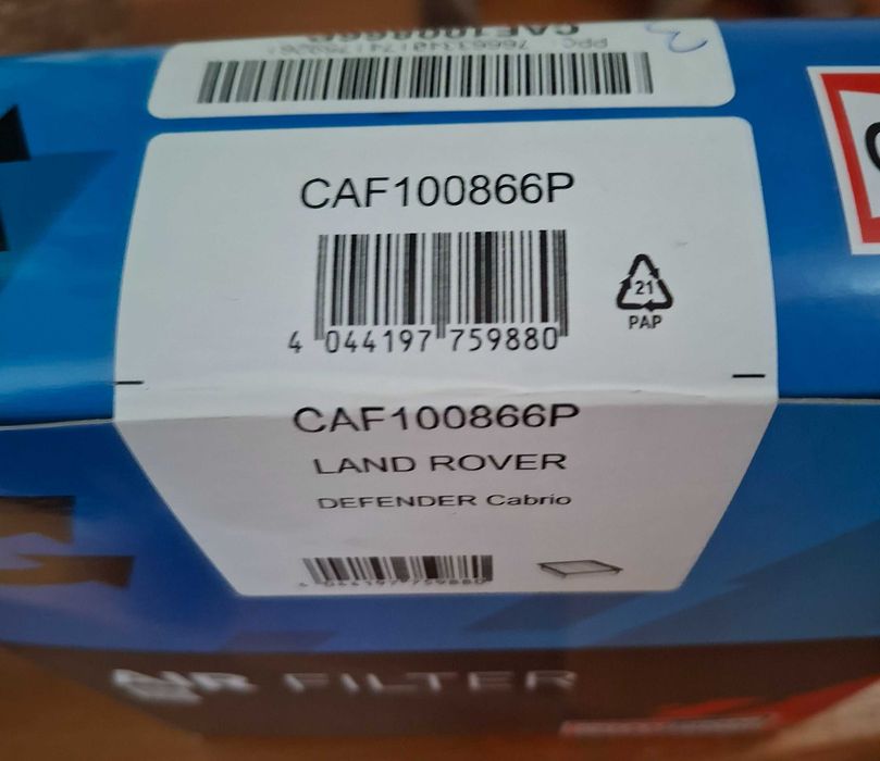 Filtro de ar novo para land rover defender 248x209x59mm
