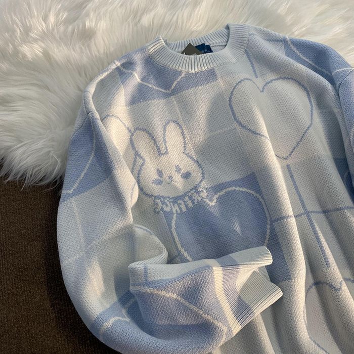 Damski Sweter Oversize w Serca z Motywem Królika Harajuku Kawaii - M