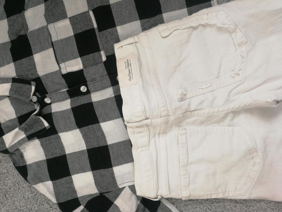 Białe spodnie Zara koszula w kratę H&M 152 bdb