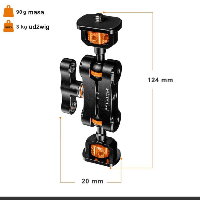 Magic Arm Premium Mini podwójny przegub śruba 1/4 z adapterami do 3/8