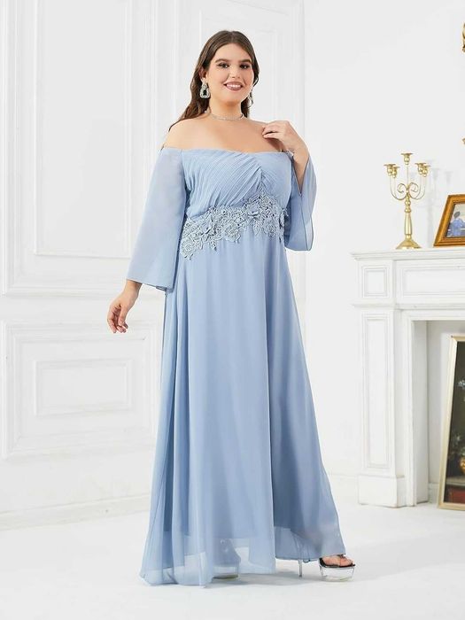 Елегантна вечірня шифонова сукня великого розміру (plus size) для подружки нареченої у ніжних сіро-блакитних тонах 50-52 розмір