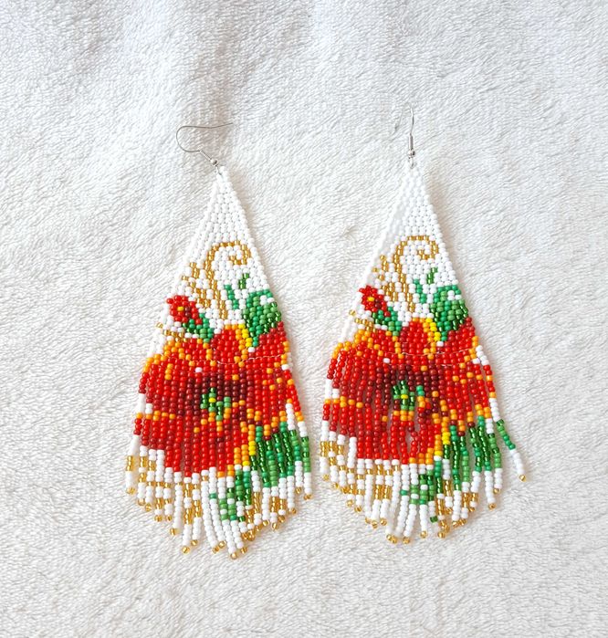 Duże kolczyki koralikowe boho etno bohemian mak kwiat róża floral