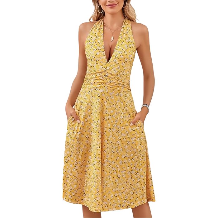 Letnia sukienka midi damska boho - odkryte plecy - żółta L