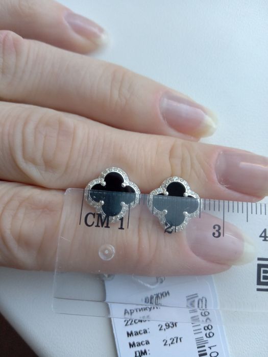 Серебряные серьги пусеты Ван Клиф Van Cleef гвоздики черные оникс каму