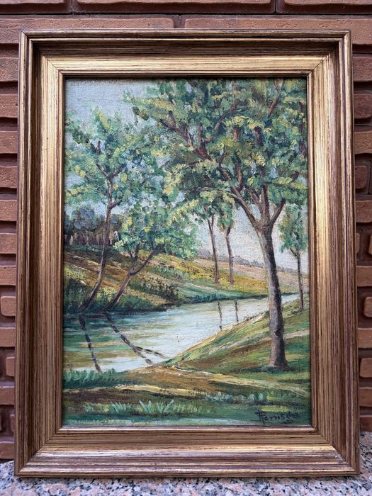 Quadro a óleo paisagem de rio e árvores