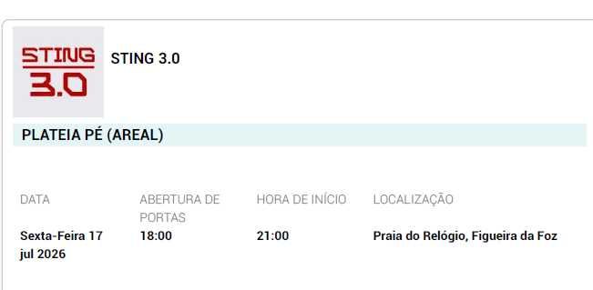 Bilhetes para Concerto do STING | 17 JULHO