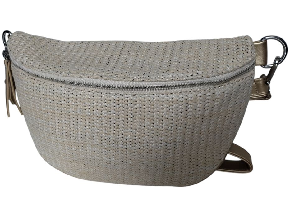 Beżowa Saszetka Damska z Wikliny na Ramię - Torebka Miejska 2 Paski