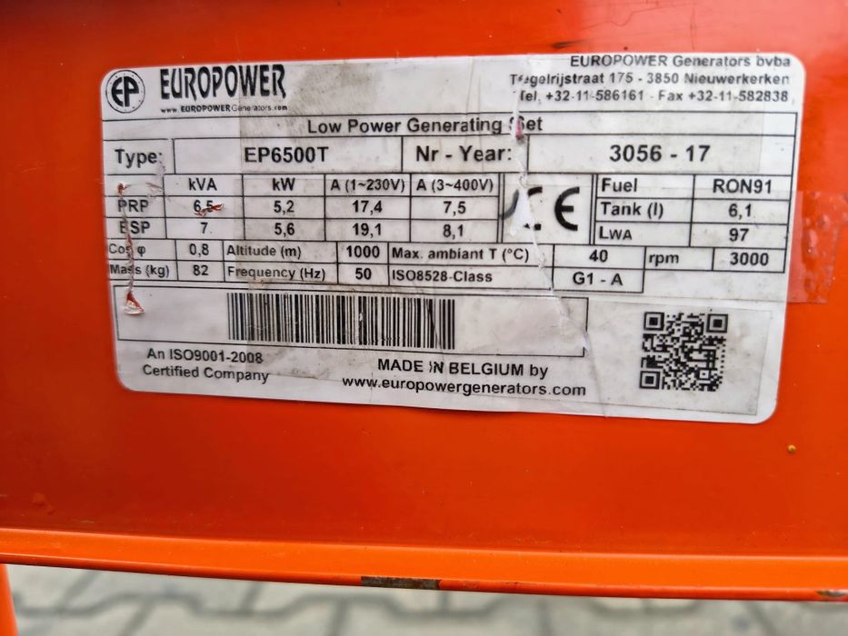 Agregat prądotwórczy 6,5kVa  rok 2018 Europower silnik Honda