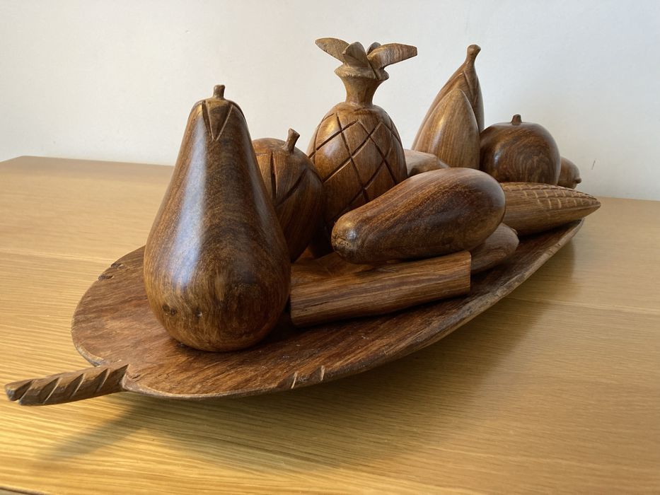 Artesanato do Senegal: Fruteira e Frutas em Madeira Maciça Esculpida
