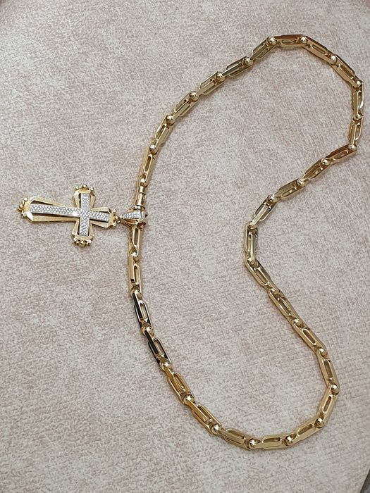 Złoty Łańcuch+KRZYŻ "KC" Z Diamentami-128szt,Waga-83 gr.EKSLUZYWNĄ-14K