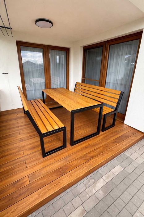 Nowoczesne meble ogrodowe LOFT — stół + 2 ławki | drewno i stal