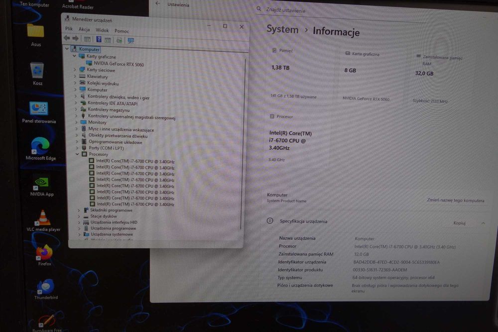 Komputer ASUS i7 32GB 512SSD+1TBHDD RTX 5060 W11 GW FV