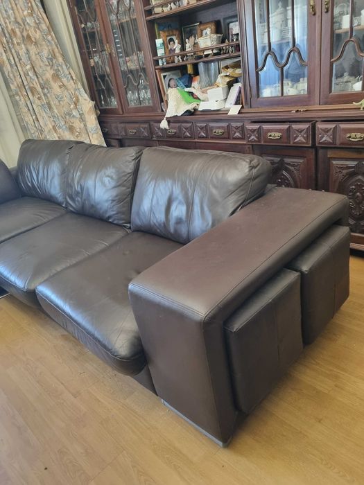 Sofa chaise longue pele castanho