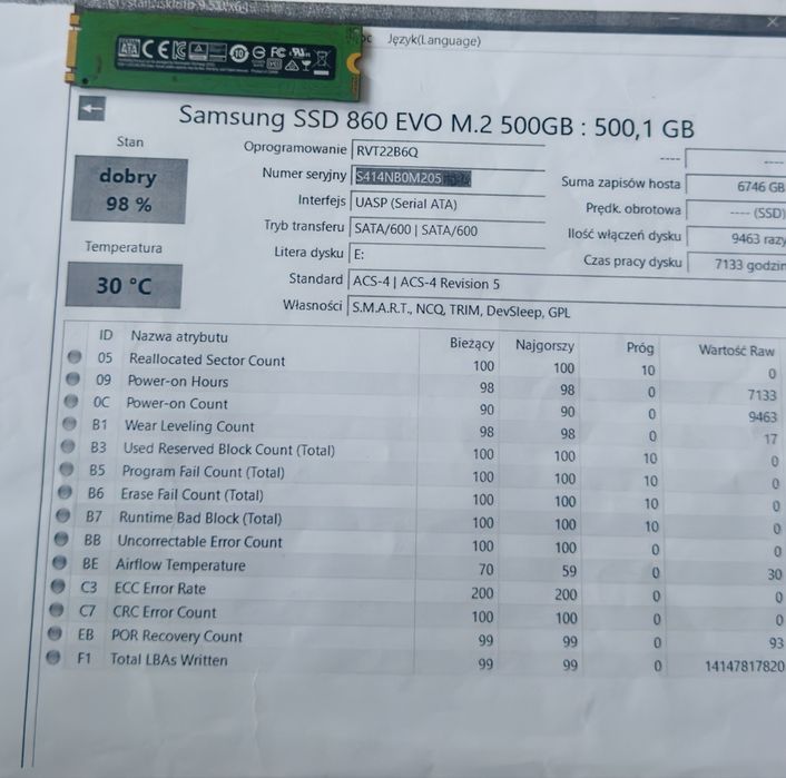 Dysk Samsung SSD 860 EVO M.2 SATA 500 GB + Raport SMART/zdrowia dysku 98 %