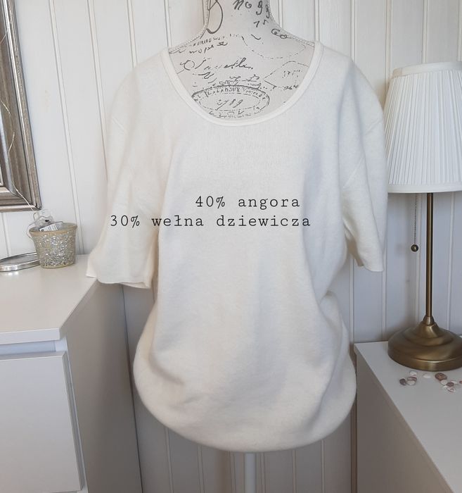 Wełniany kremowy sweter wełniana bluzka z krótkim rękawem angora 40 42