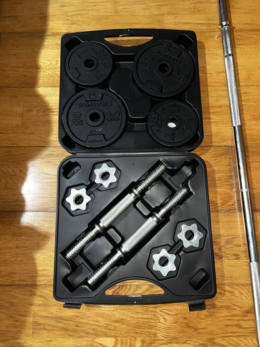 Barra  e mala de alteres com pesos