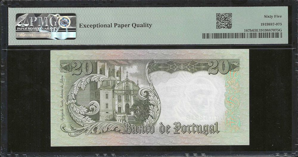 Nota de 20 Escudos 1964 Certificada PMG 65 EPQ