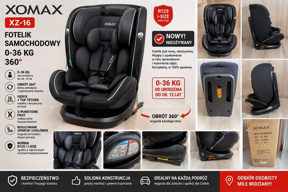 NOWY Fotelik XOMAX XZ-16 i-Size 0–36 kg ISOFIX Obrót 360°