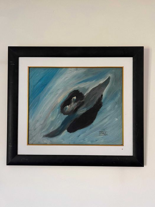 Quadro pintado a mao em tons de azul