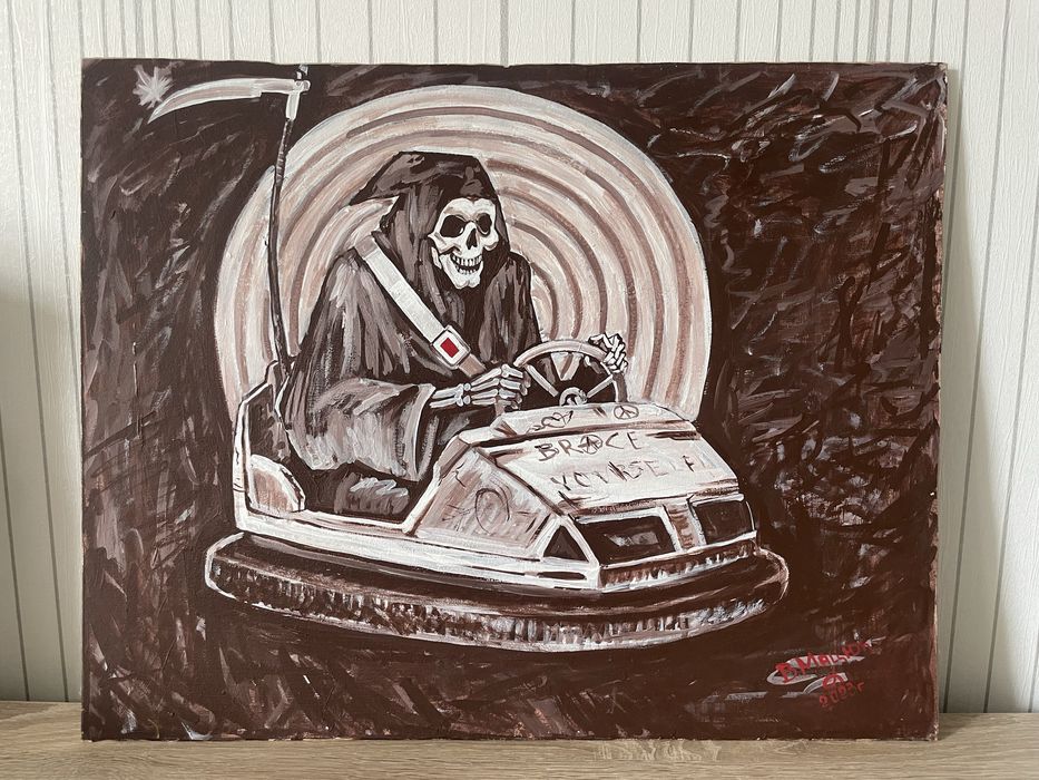 Смерть с косой на машинке (Banksy)