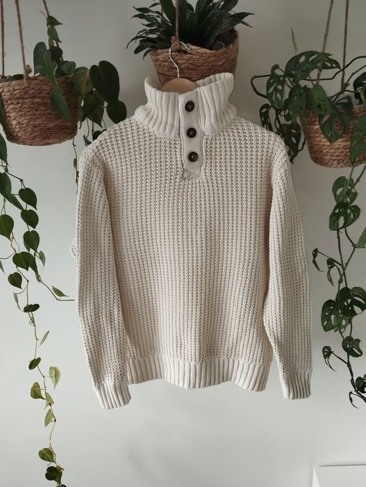 Bawełniany męski sweter, ze stójką, listwa guzikowa, śmietankowy, ze s