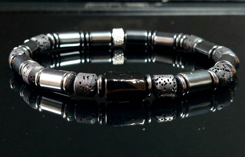Bransoletka kamień Turmalin Lawa Hematyt szer.nadgarstka 17 cm lub na wymiar pudełko stal 316l