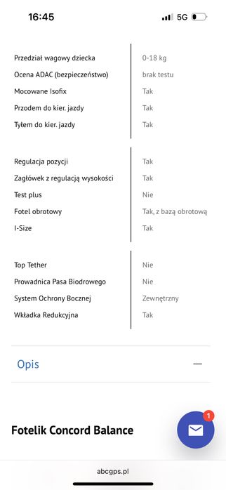 Fotelik samochodowy Concord Balance Moonshine Grey 0-18Kg