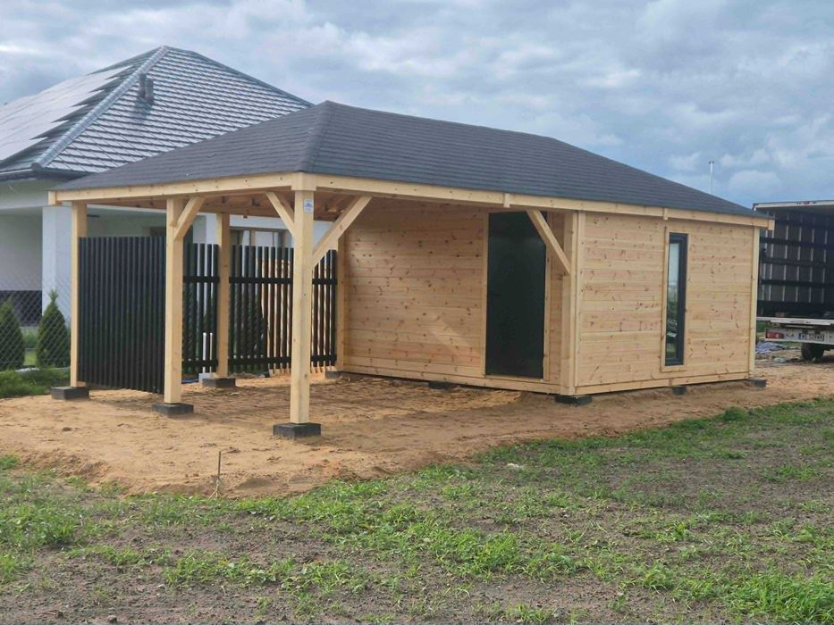 Domek narzędziowy z altaną • • • • BLANCA • • • • 8x4 m czarne lamele DREWNOTRIK