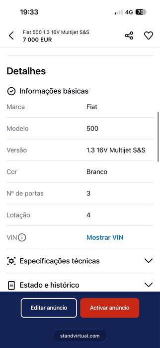 Fiat 500 1.3 16V Multijet em bom estado e muito estimado. Vende-se por troca de veículo