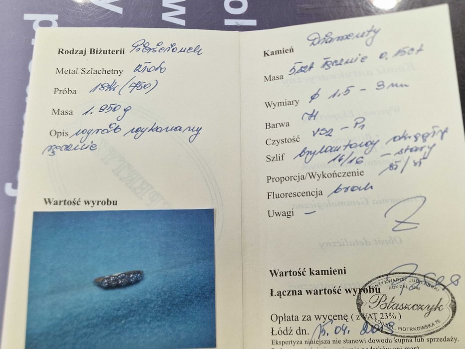 Złoty pierścionek damski/ 750/ 1.95 gram/ R14/ 5x DIA/ 0.15 CT/ certyf