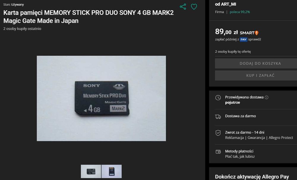 Memory Stick Pro DUO mark 2 *4 GB* Nowa Karta Pamięci Oryginał Tanio !