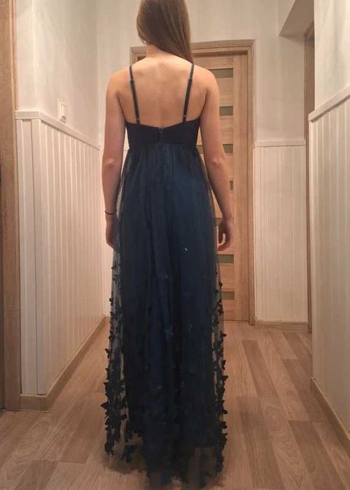 Długa sukienka wieczorowa butelkowa zieleń XS/S