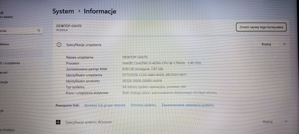 Laptop ASUS Essential PU551LA 15,6"  i5-4210U 8GB RAM 120