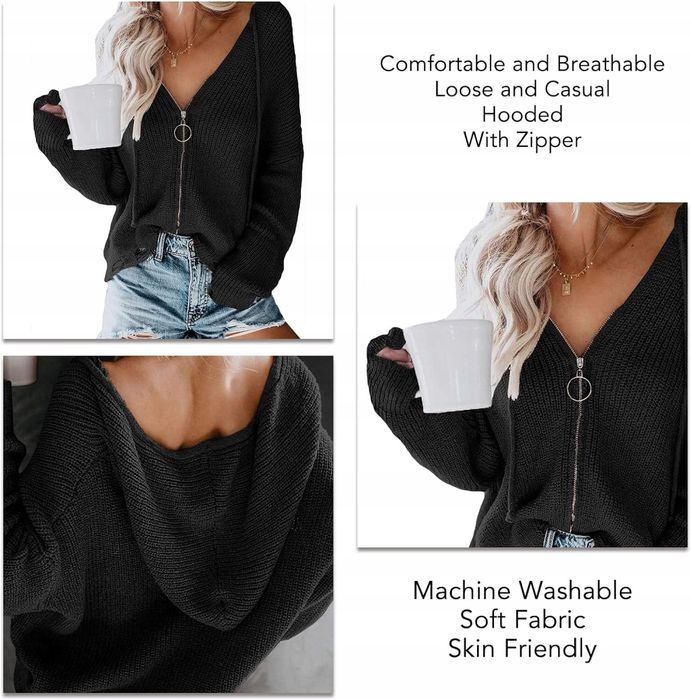 Damska bluza z kapturem z długim rękawem i dekoltem w czarna r.M/XL