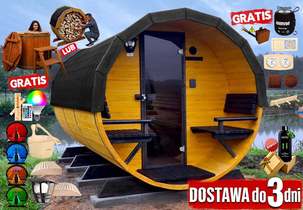 SAUNA Ogrodowa 400 cm + PRZEBIERALNIA + PRZEDSIONEK + GRATIS Beczka / Wiata + Akcesoria