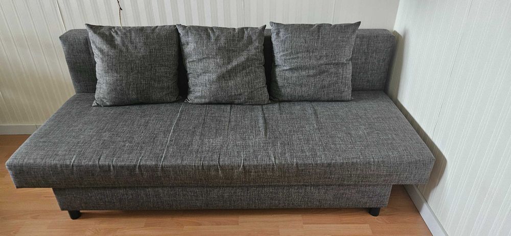 Sofa trzyosobowa, rozkładana z funkcją spania i pojemnikiem na pościel, ciemnoszara