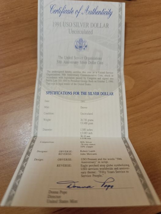 США 1 долар 1991р. UNITED states USO. СРІБЛО. Сертифікат. Набір.
