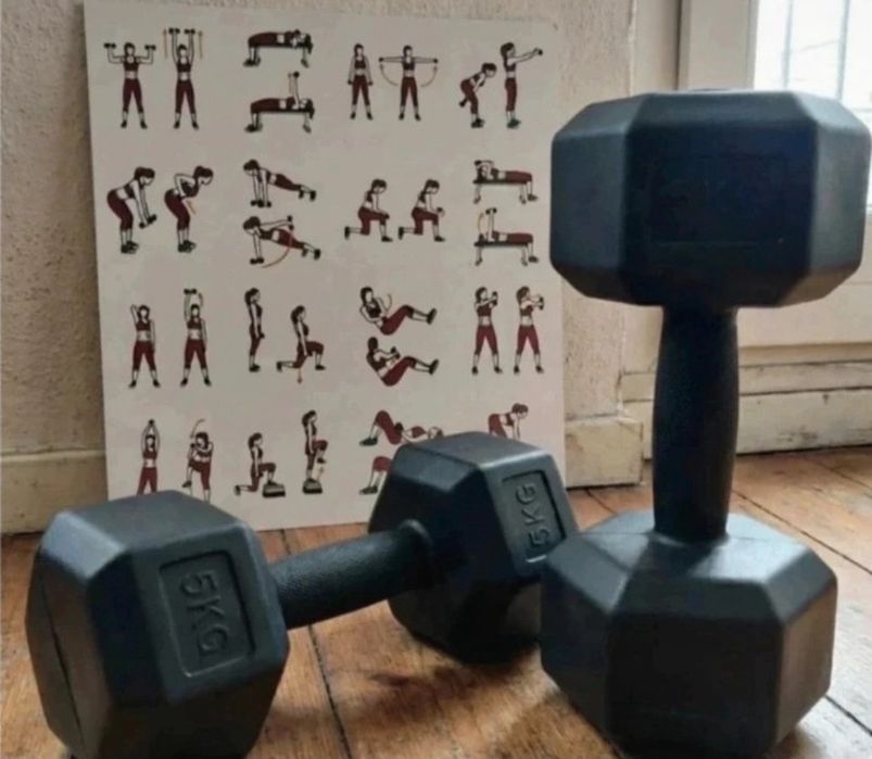 Zestaw 2w1 hantle bitumiczne hantelki 2x5kg do domu ćwiczeń na trening