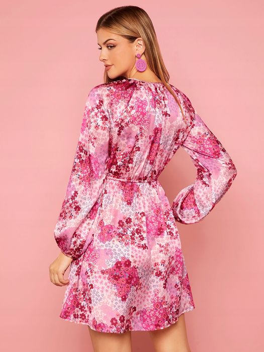 Sukienka Satynowa Boho W Kwiaty Z Bufiastymi Rękawami Shein Xl 42