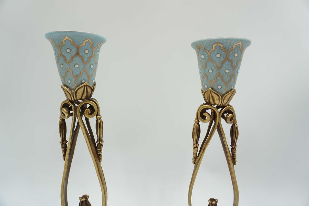 PARA świeczników bękitne porcelana z brązem