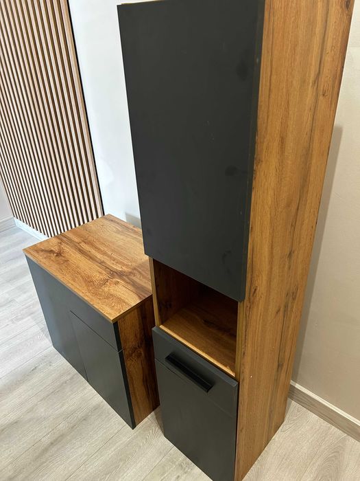 Meble łazienkowe 90cm NOWE - słupek, szafka, lustro - loft Wotan szary