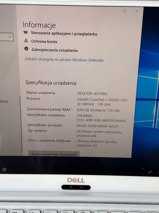 Laptop Dell XPS P82G 8GB RAM 256SSD Core i7 8550U