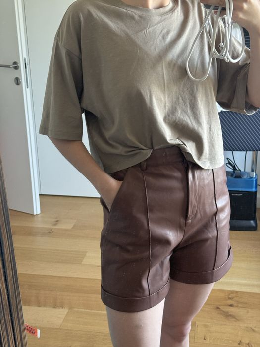 Calções castanhos elegantes de cintura alta, S, couro