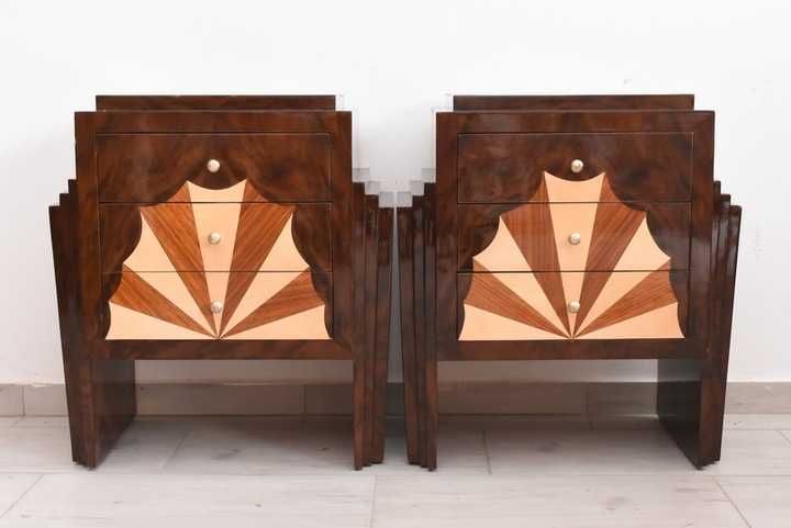 Geometryczne Stoliki Nocne Art Deco - Szafki Nakastliki Drewno