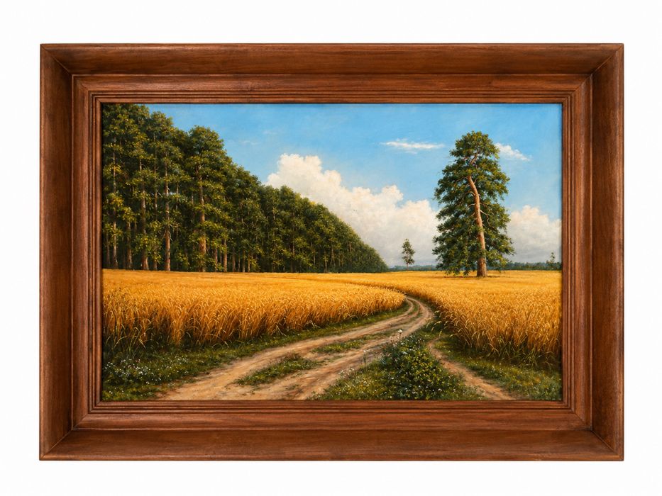 Duży obraz olejny „Pejzaż ze zbożem i leśną drogą” 95 × 65 cm z ramą