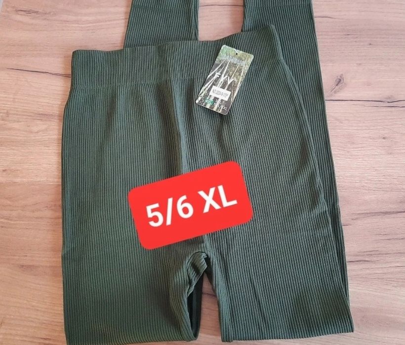 Nowe Leginsy 5/6 XL 50 52 khaki ciemnozielone zielone prążkowane bambu