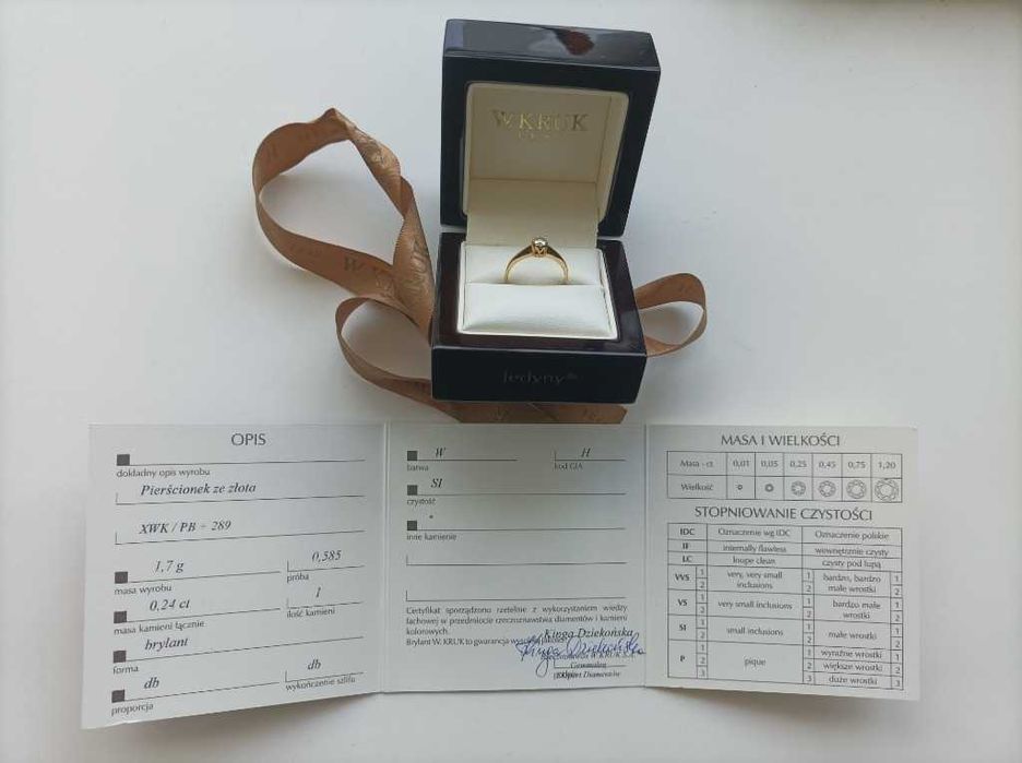 Kruk pierścionek zaręczynowy JEDYNY złoto, brylant 0,24ct r.13