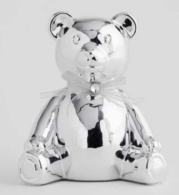 Skarbonka srebrny miś glamour prezent dla dziecka figurka do pokoju